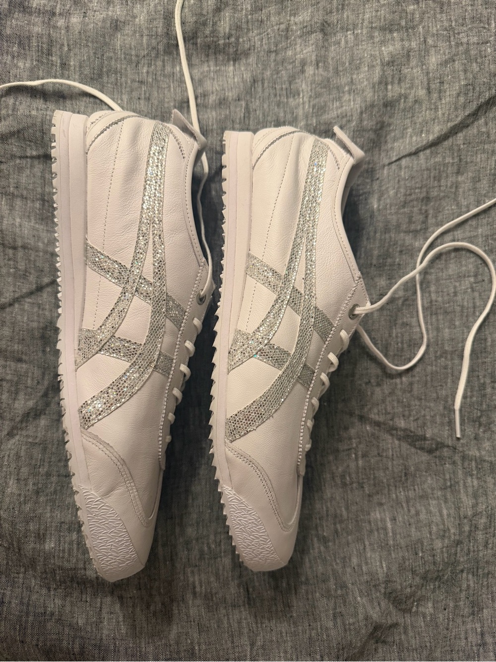 Onitsuka Tiger by Asics White Sneakers with Silver Glitter Stripes